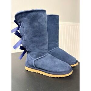 UGG Australia Bailey Bow Tall II Blue Suede Triple Bow Winter Boots Womens 7